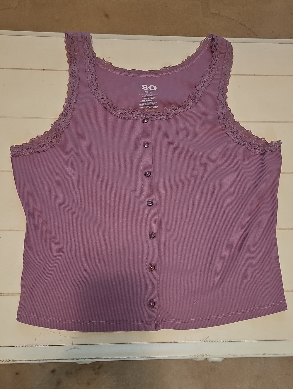 SO Mauve light Purple Lace-Trim Ribbed Button Front Tank Top, easy care